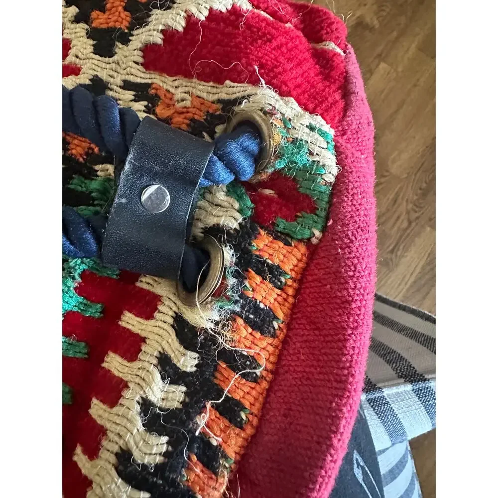 Vintage Kilim Tapestry Backpack Travel Bag Red Multicolor Drawstring Boho